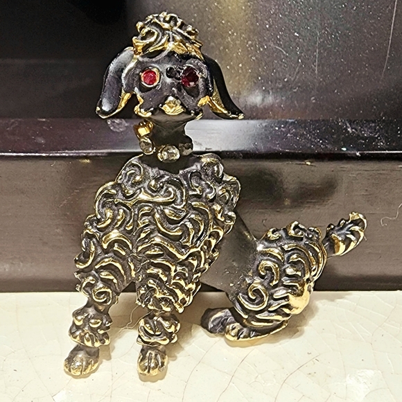 1950s Vintage Black, Gold & Rhinestone Poodle Brooch Pin-Up Rockabilly Pin - Picture 3 of 4